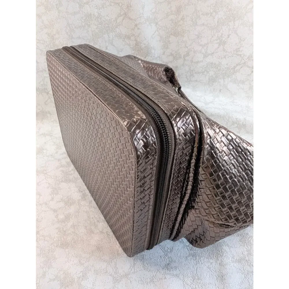 Ulta Beauty Brown Woven Look Makeup Bag Train Case 2-Tier Cosmetic Organizer